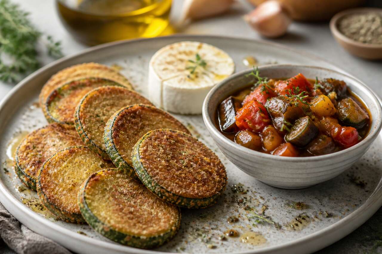 Toasts de courgettes panées à la ratatouille et fromage de chèvre
