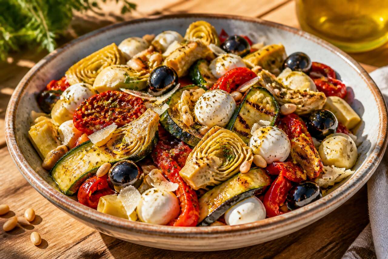 Salade composée aux légumes d'été, parmesan et mozzarella