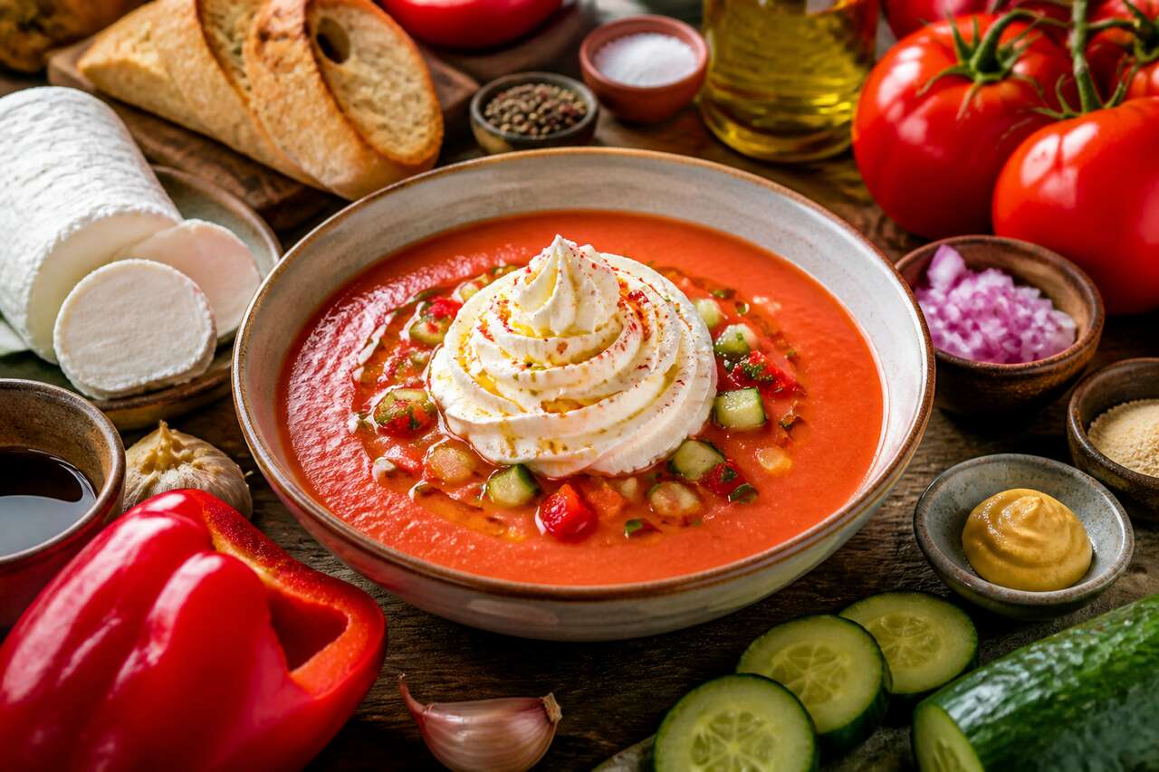 Recette de gaspacho et chantilly au fromage de chèvre frais