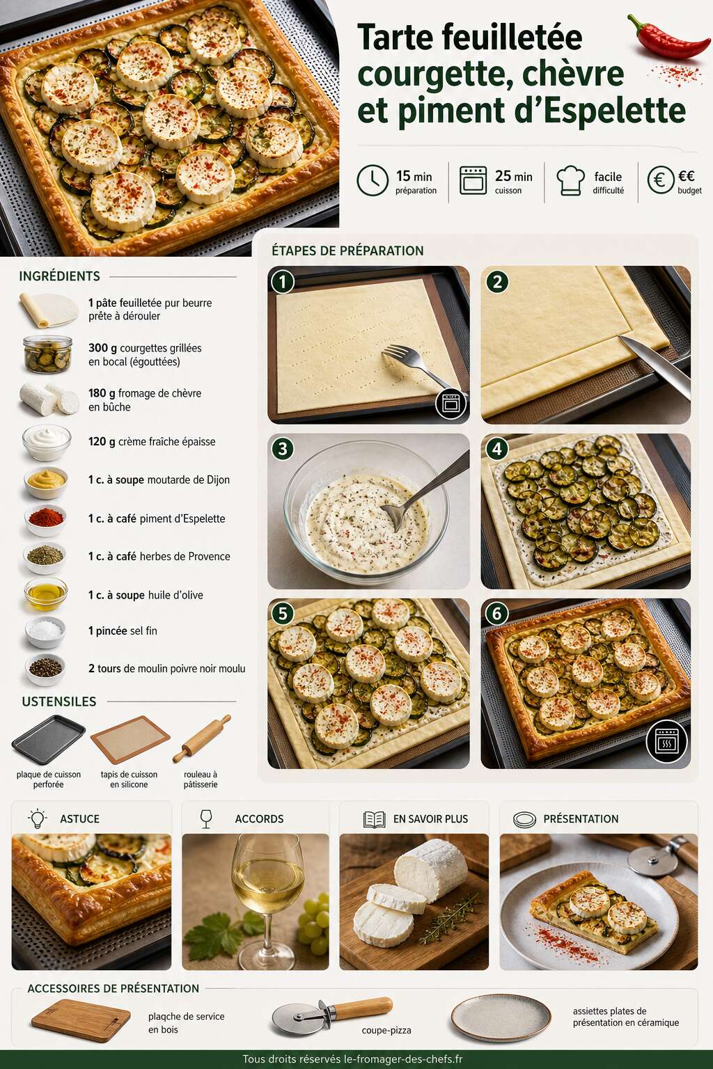 Fiche recette Tarte feuillet&eacute;e courgette, ch&egrave;vre et piment d'Espelette : recette savoureuse
