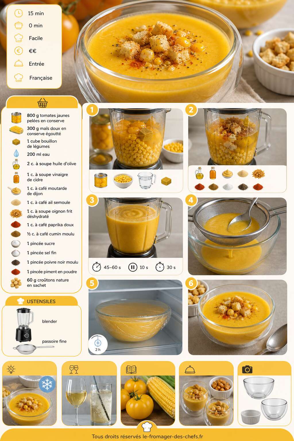 Fiche recette Soupe froide de tomate jaune et ma&iuml;s : une recette rafra&icirc;chissante