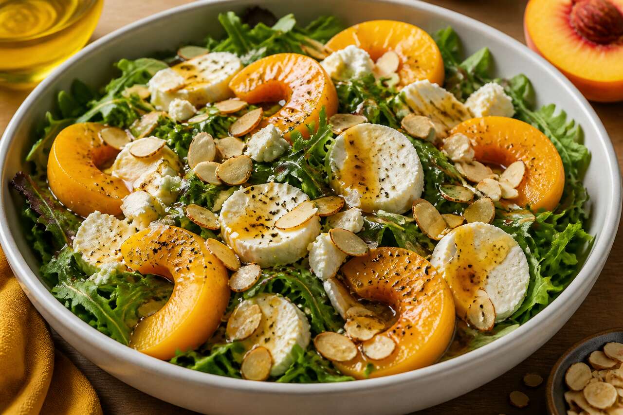 Salade pêche, roquette, amandes et fromage : recette gourmande