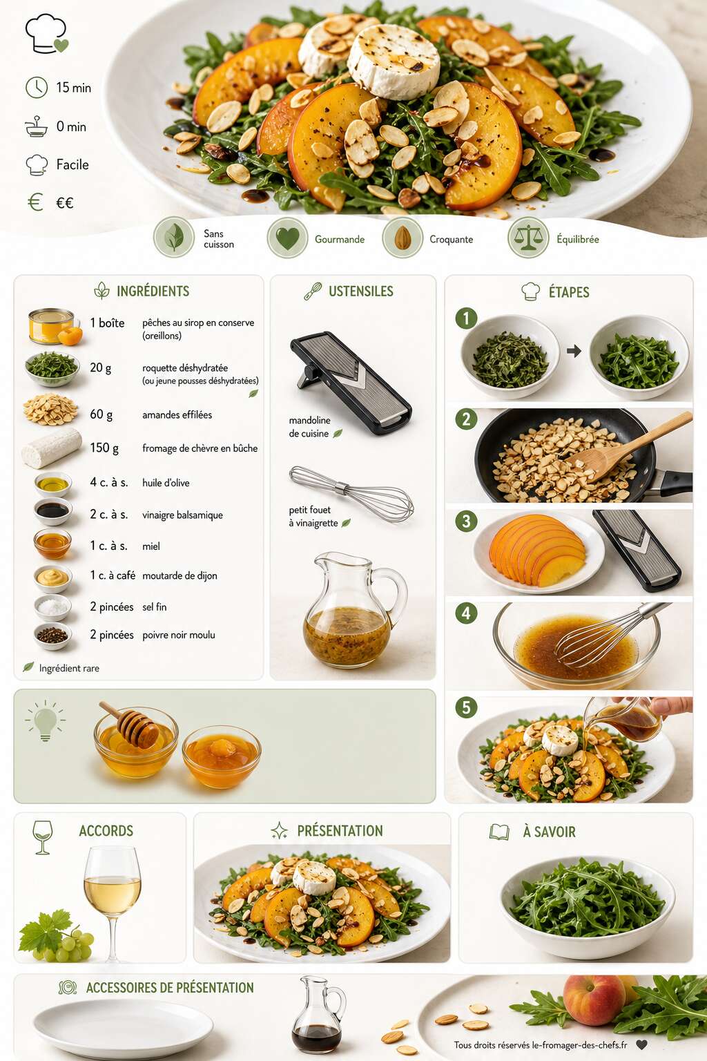 Fiche recette Salade p&ecirc;che, roquette, amandes et fromage : recette gourmande