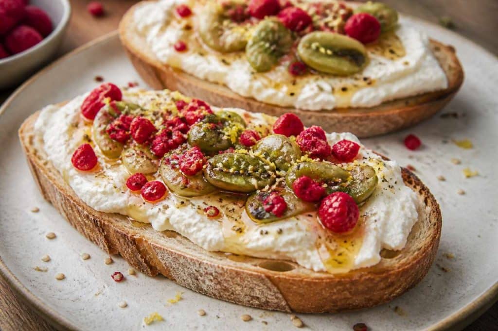 Tartines framboises, fèves et fromage frais : recette gourmande