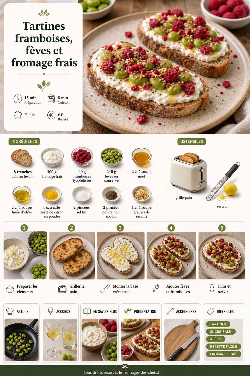 Fiche recette Tartines framboises, f&egrave;ves et fromage frais : recette gourmande