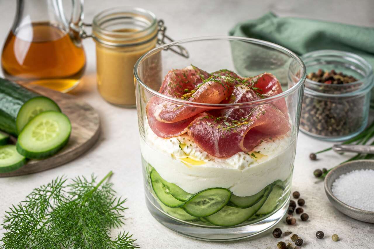 Recette : verrine de fromage de chèvre frais, concombre et porc séché
