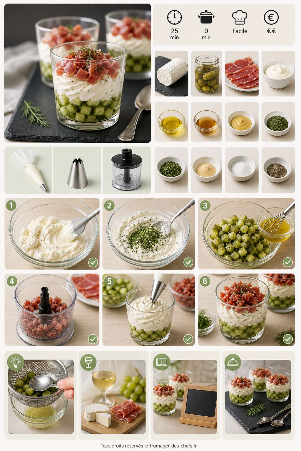 Fiche recette Recette : verrine de fromage de ch&egrave;vre frais, concombre et porc s&eacute;ch&eacute;