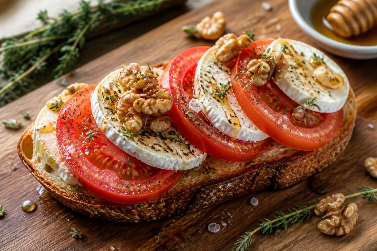 Tartine au fromage de chèvre, tomates et noix : recette gourmande