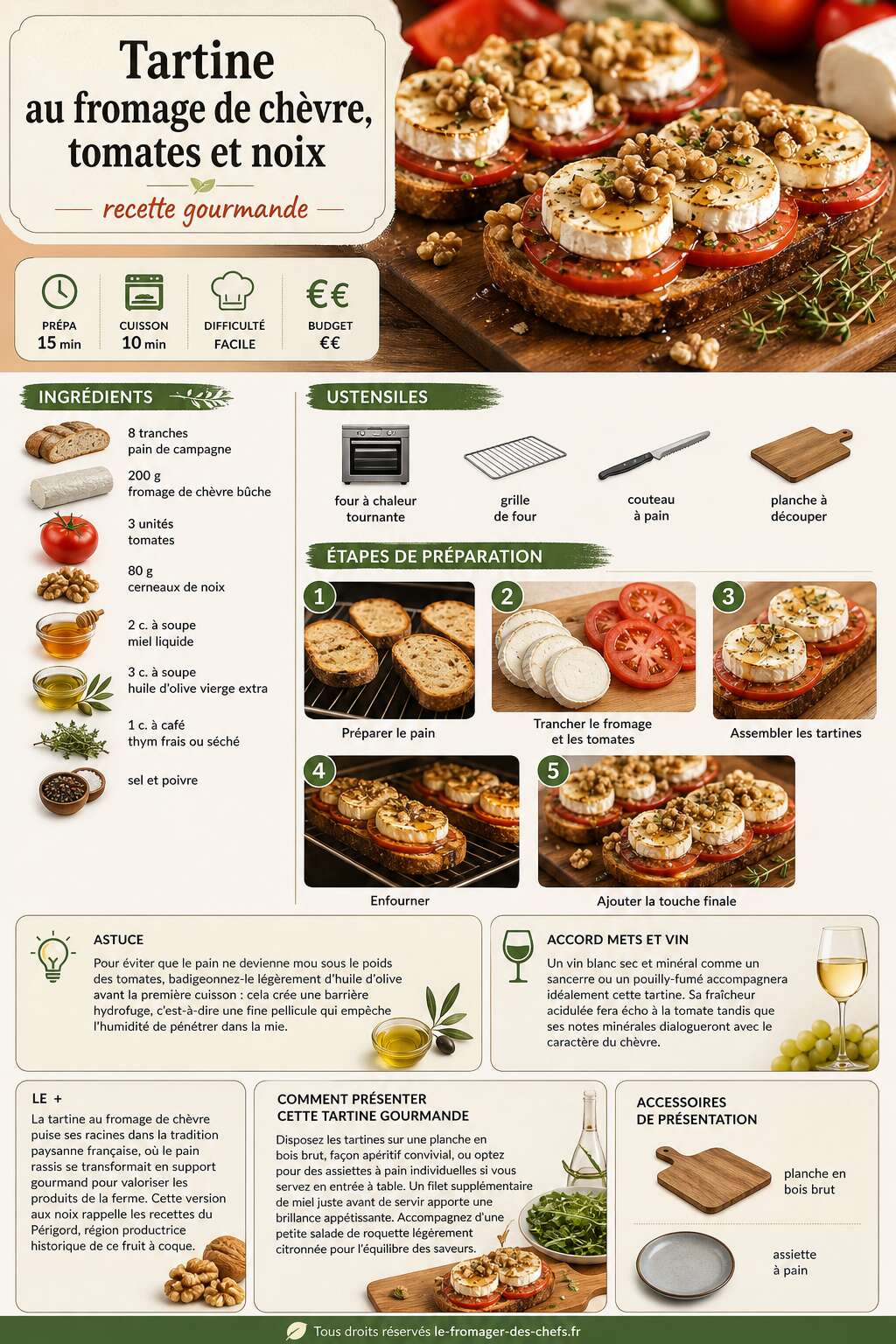 Fiche recette Tartine au fromage de ch&egrave;vre, tomates et noix : recette gourmande