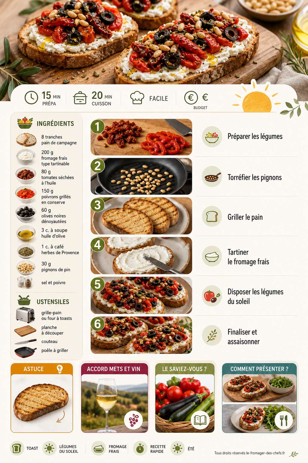Fiche recette Toast au fromage frais et légumes du soleil : recette ensoleillée Fiche recette Toast au fromage frais et légumes du soleil : recette ensoleillée