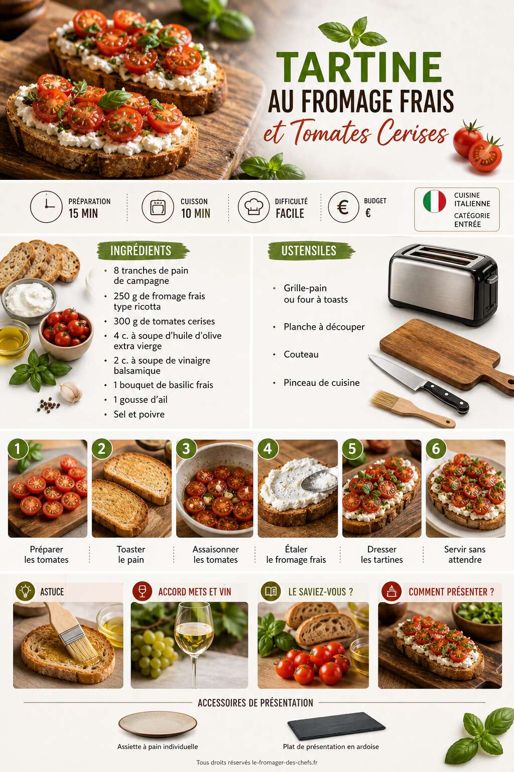 Fiche recette Recette : tartine au fromage frais et tomates cerises Fiche recette Recette : tartine au fromage frais et tomates cerises