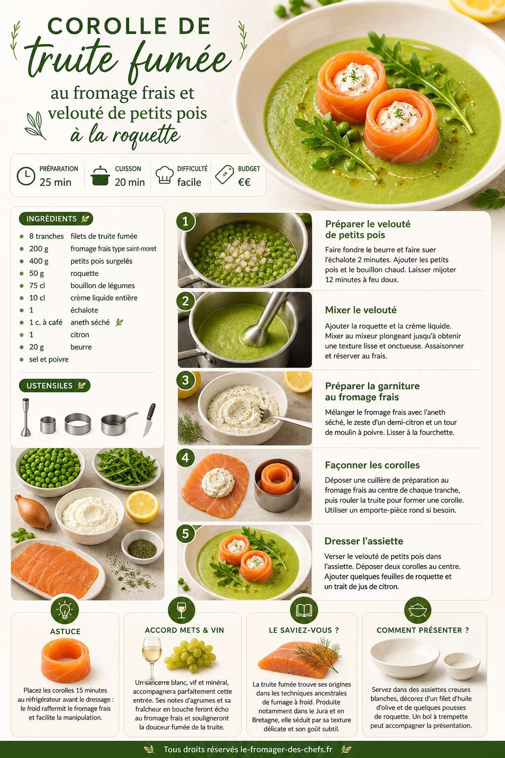 Fiche recette Recette : corolle de truite fumée au fromage frais et velouté de petits pois à la roquette Fiche recette Recette : corolle de truite fumée au fromage frais et velouté de petits pois à la roquette