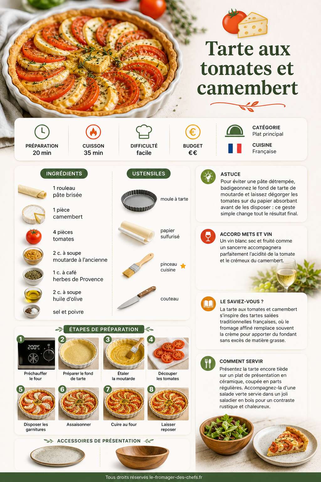 Fiche recette Tarte aux tomates et camembert : recette savoureuse
