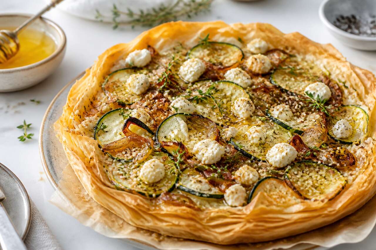 Tarte filo aux courgettes, miel, échalotes et fromage