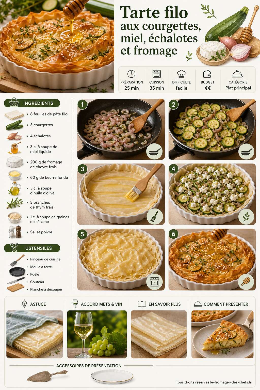 Fiche recette Tarte filo aux courgettes, miel, échalotes et fromage Fiche recette Tarte filo aux courgettes, miel, échalotes et fromage