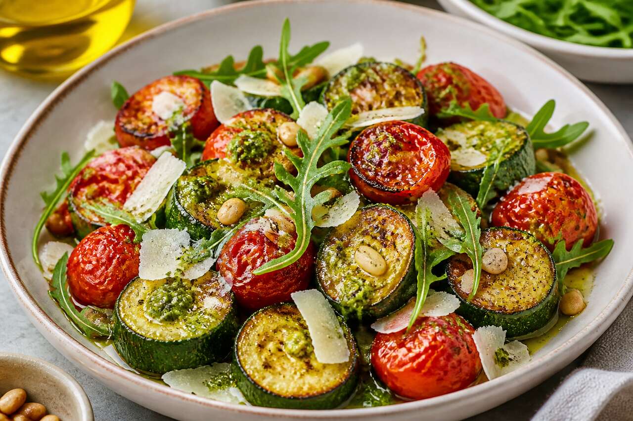 Courgettes et tomates rôties : recette pesto de roquette au parmesan