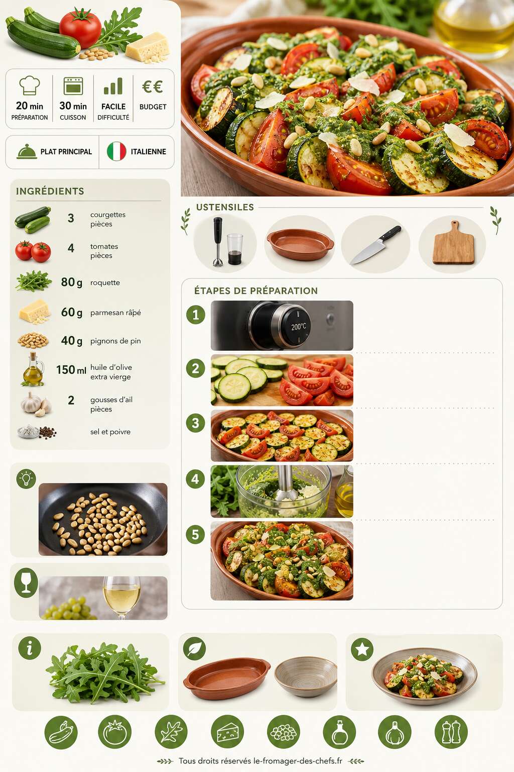 Fiche recette Courgettes et tomates r&ocirc;ties : recette pesto de roquette au parmesan