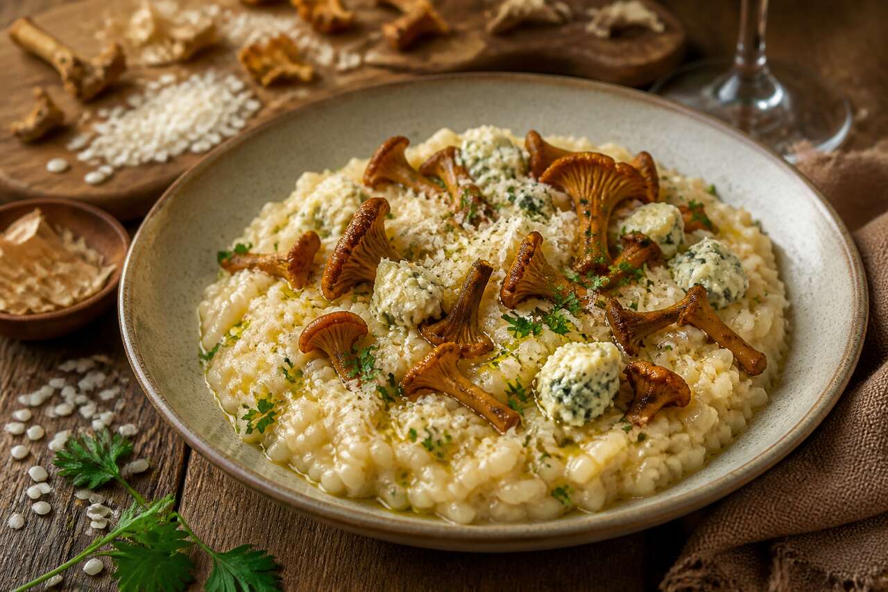 Risotto aux chanterelles et sauce au bleu : recette savoureuse