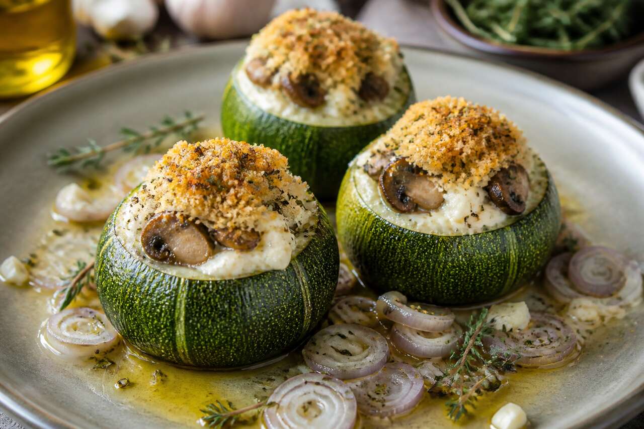 Courgettes rondes farcies : fromage de chèvre et champignons