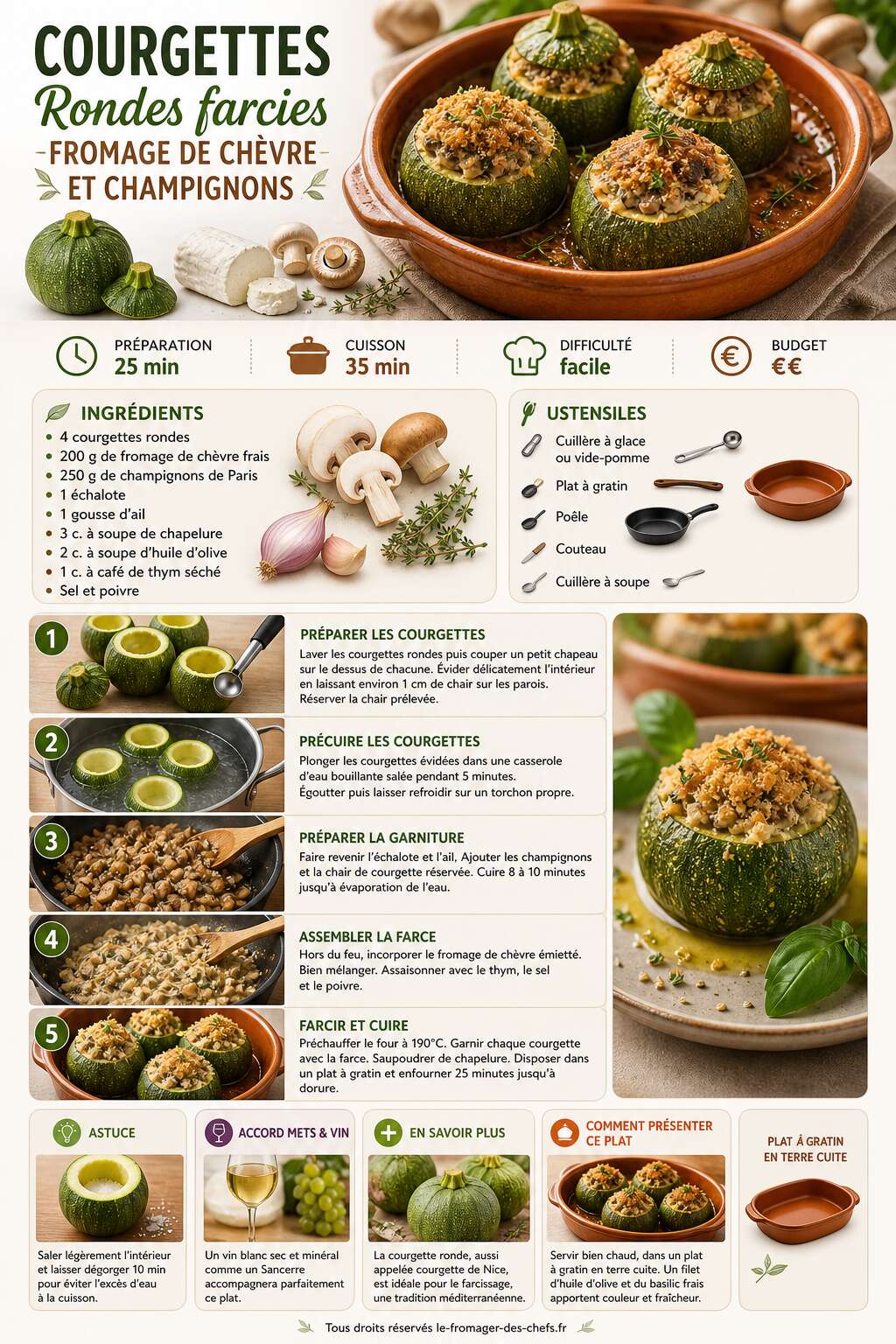 Fiche recette Courgettes rondes farcies : fromage de ch&egrave;vre et champignons