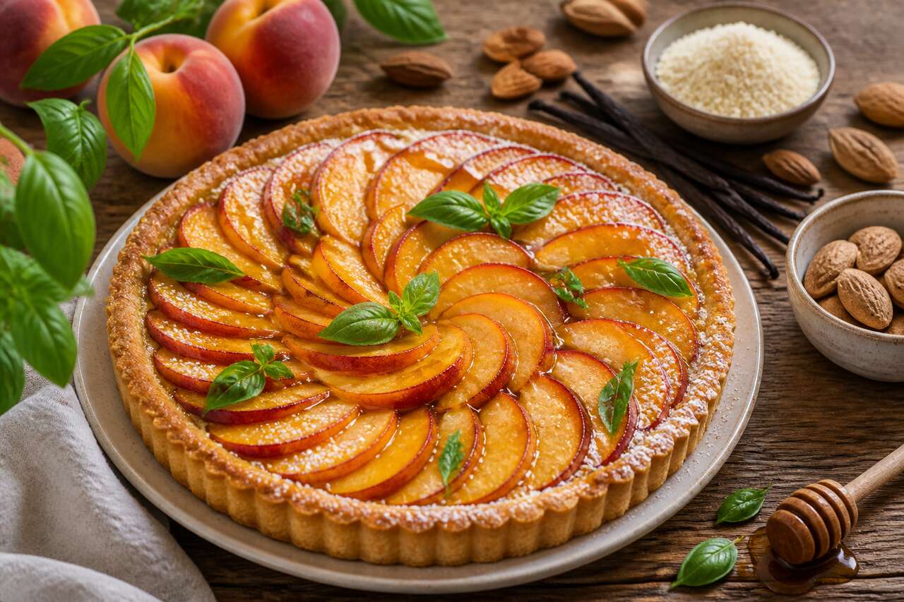 Recette : tarte aux pêches et basilic
