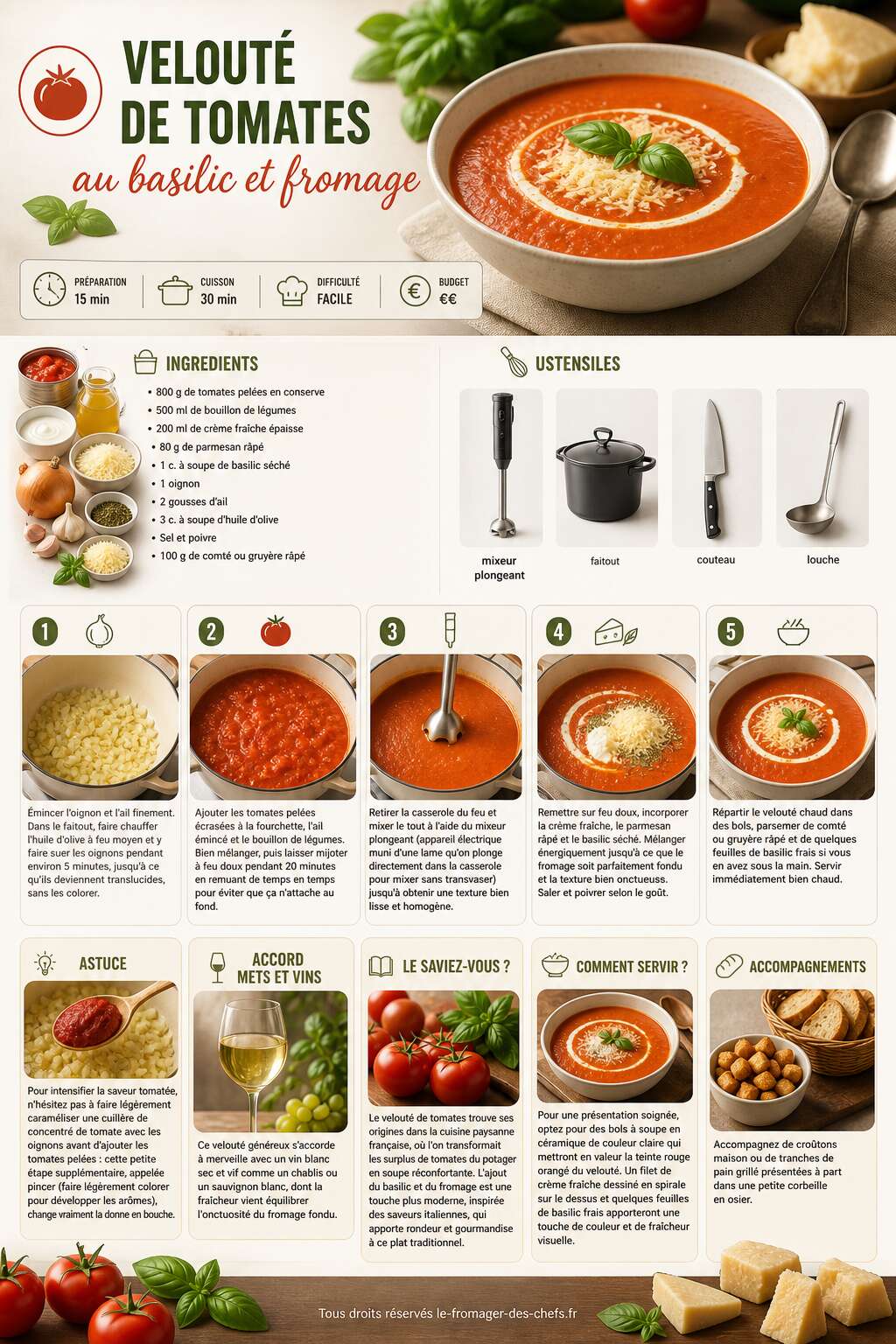 Fiche recette Velouté de tomates au basilic et fromage : recette gourmande Fiche recette Velouté de tomates au basilic et fromage : recette gourmande