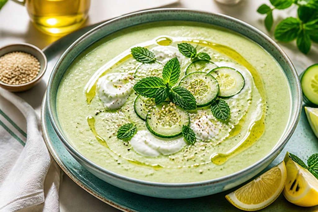 Soupe fraîche concombre, menthe et fromage frais : recette savoureuse