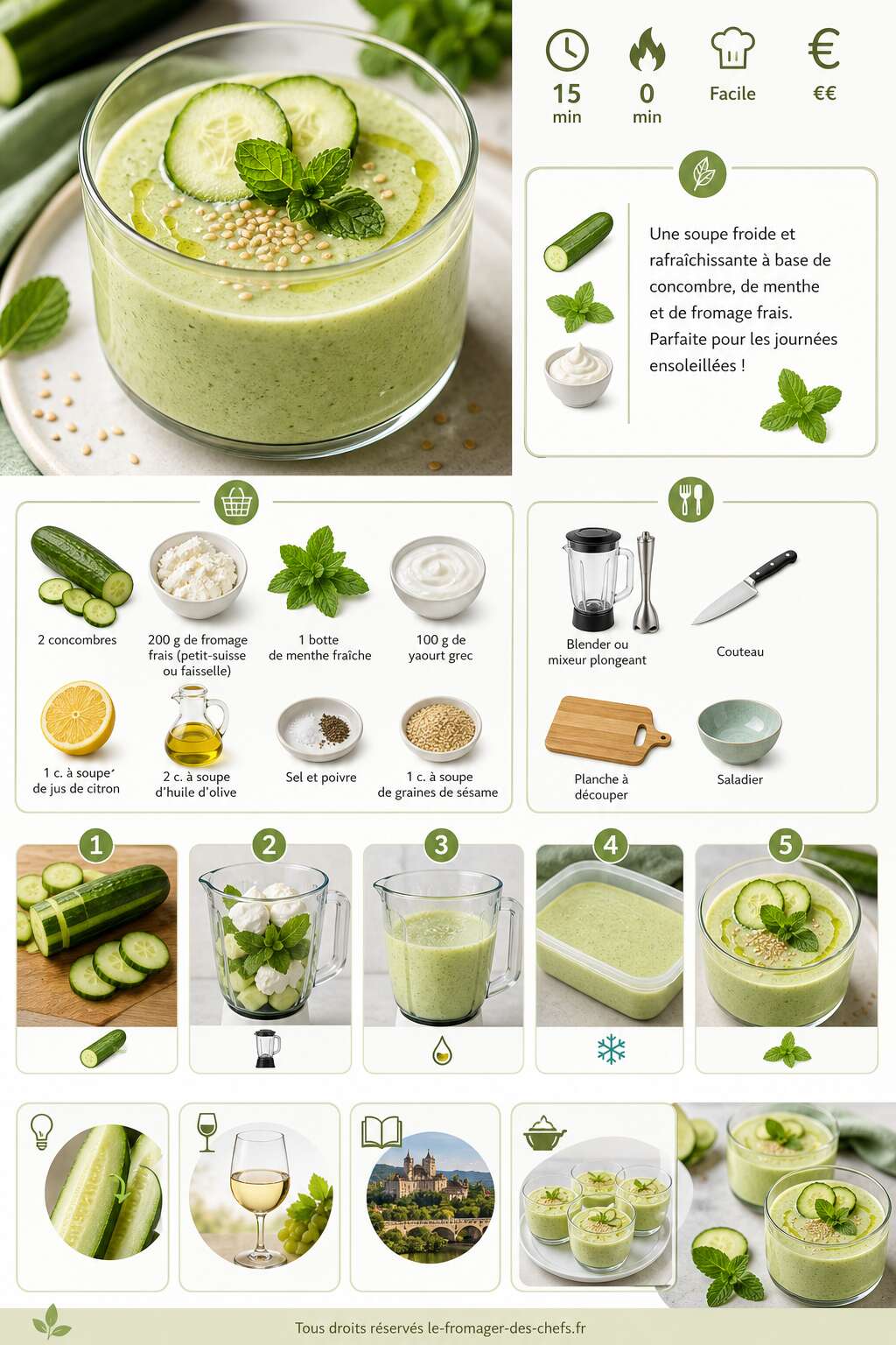 Fiche recette Soupe fraîche concombre, menthe et fromage frais : recette savoureuse Fiche recette Soupe fraîche concombre, menthe et fromage frais : recette savoureuse