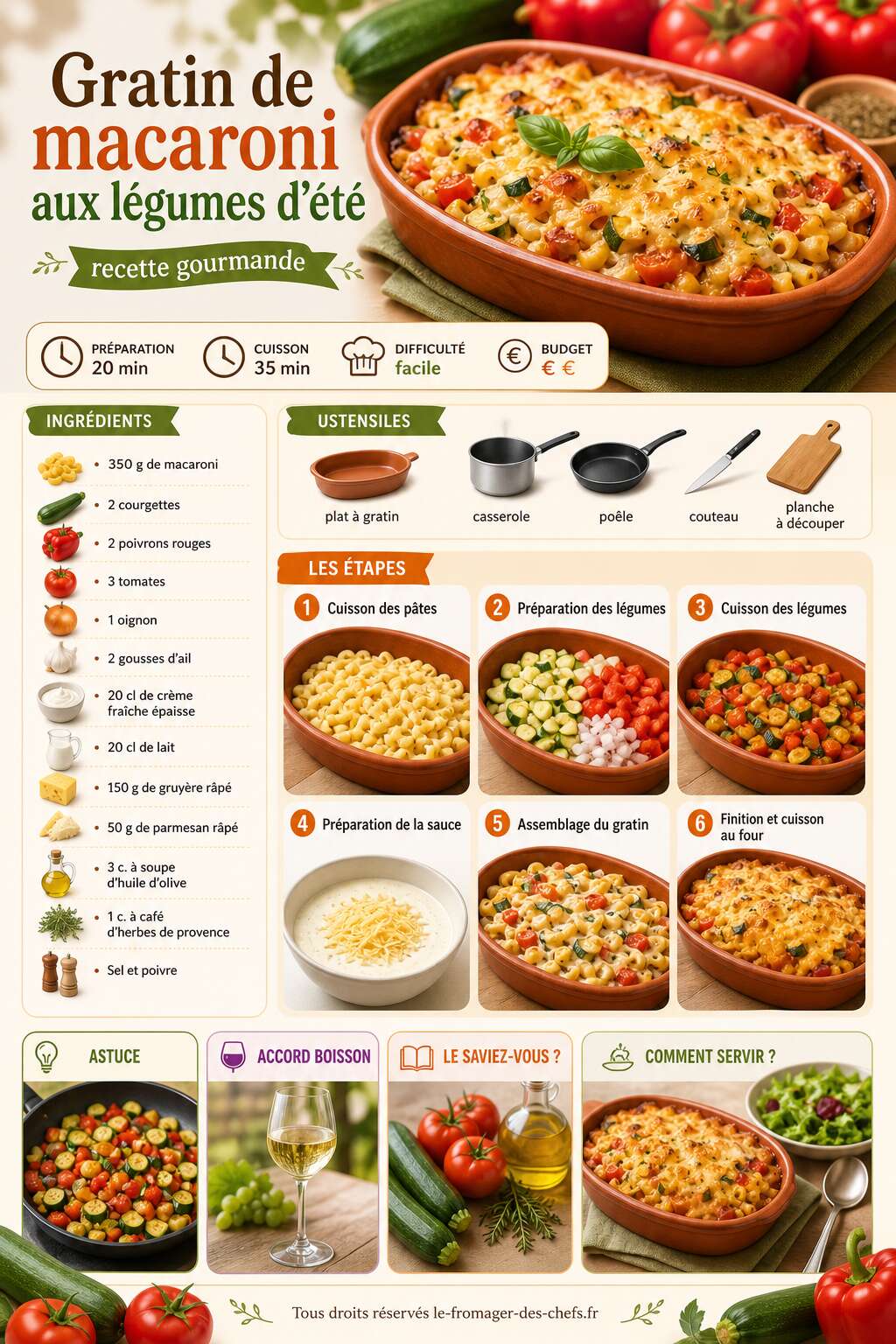 Fiche recette Gratin de macaroni aux légumes d'été : recette gourmande Fiche recette Gratin de macaroni aux légumes d'été : recette gourmande