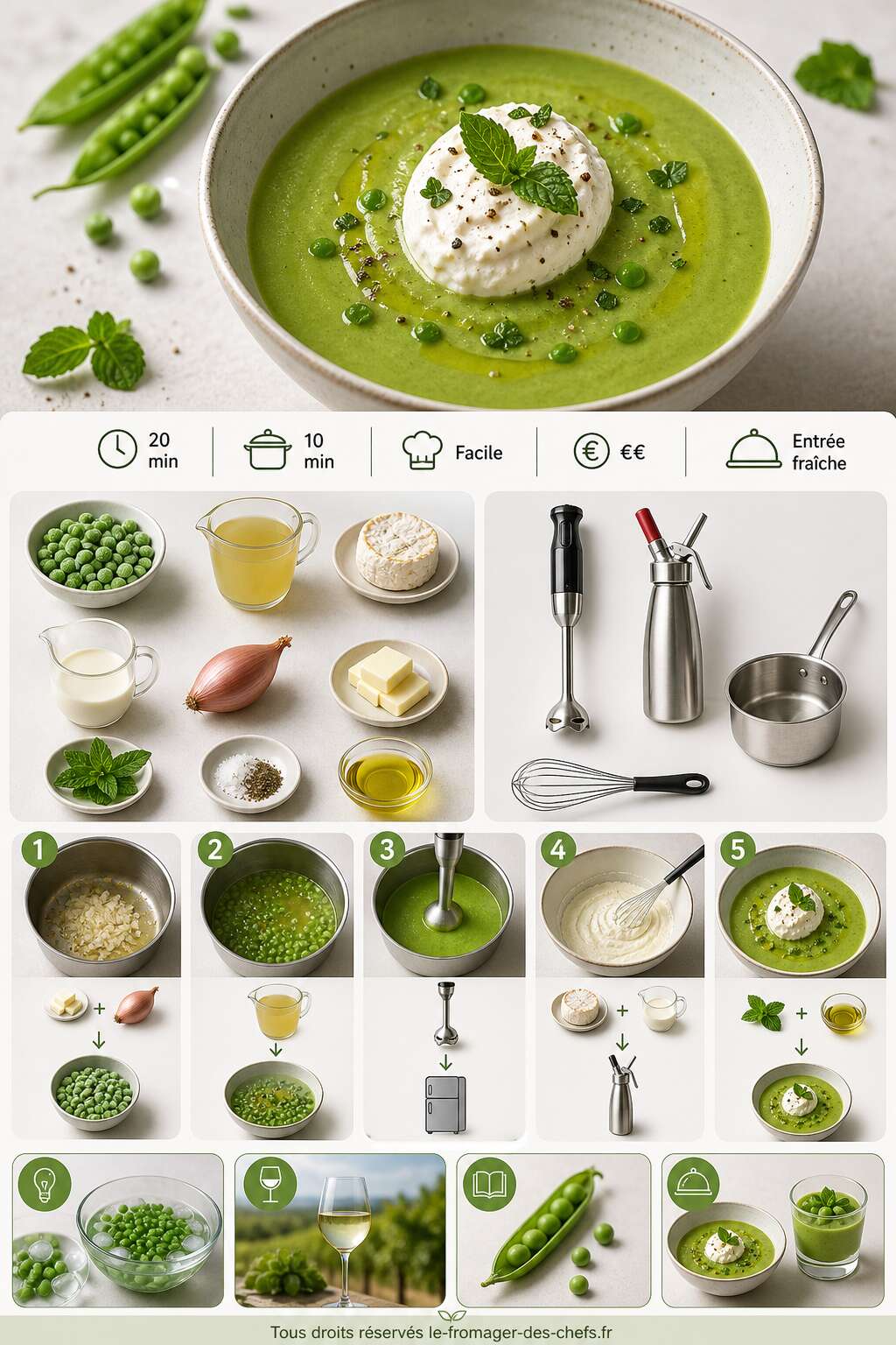 Fiche recette Recette : velouté glacé de petits pois au fromage fouetté Fiche recette Recette : velouté glacé de petits pois au fromage fouetté