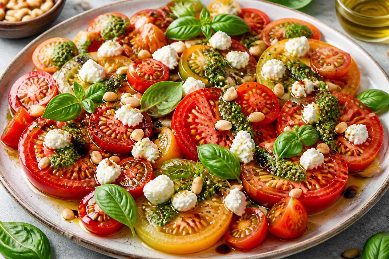 Salade de tomates, pesto et fromage de brebis : une recette savoureuse