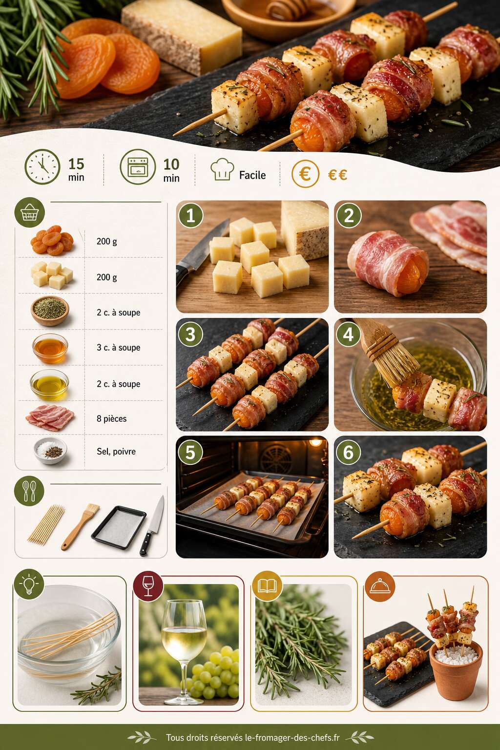 Fiche recette Brochettes apéro aux abricots, fromage et romarin : recette savoureuse Fiche recette Brochettes apéro aux abricots, fromage et romarin : recette savoureuse