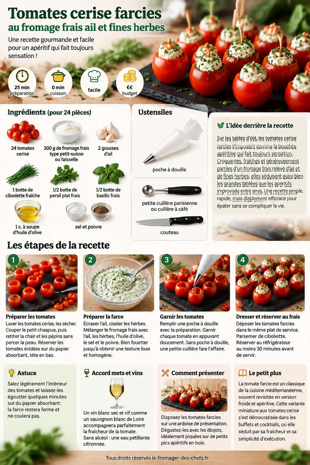 Fiche recette Tomates cerise farcies au fromage frais ail et fines herbes : recette gourmande Fiche recette Tomates cerise farcies au fromage frais ail et fines herbes : recette gourmande