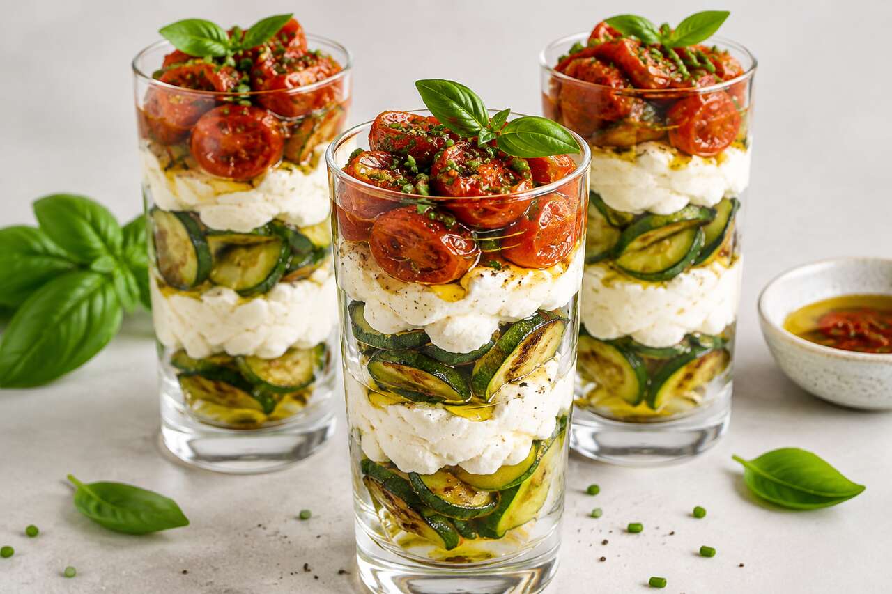 Verrines courgettes, tomates confites & fromage frais : recette facile et savoureuse