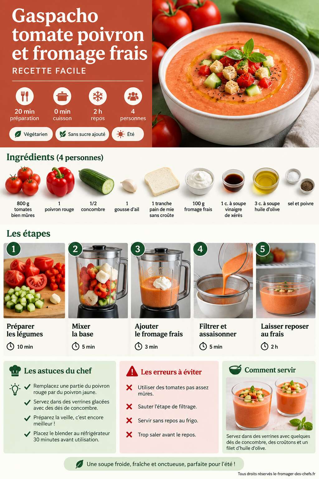 Fiche recette Gaspacho tomate poivron et fromage frais : recette facile Fiche recette Gaspacho tomate poivron et fromage frais : recette facile
