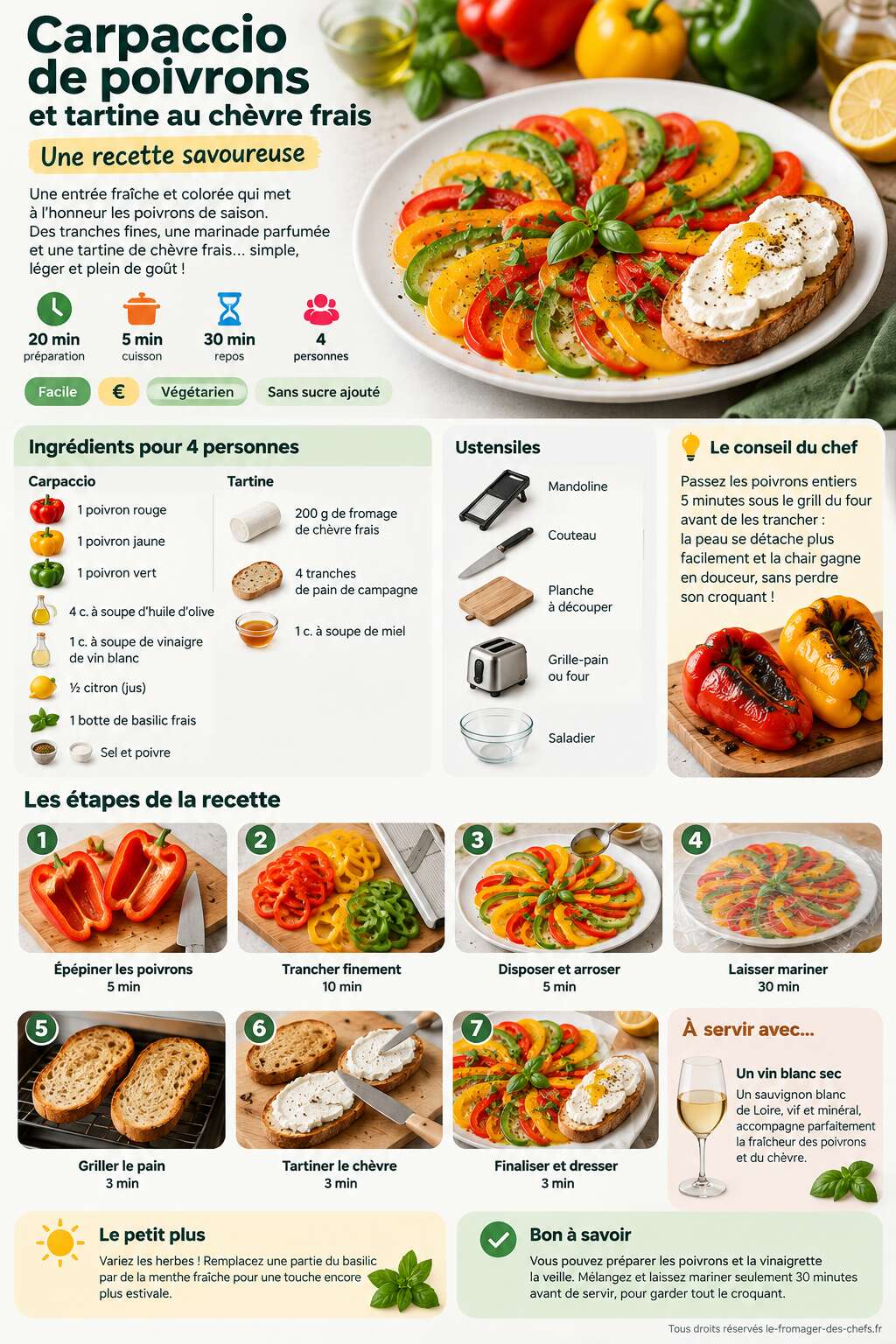 Fiche recette Carpaccio de poivrons et tartine au chèvre frais : une recette savoureuse Fiche recette Carpaccio de poivrons et tartine au chèvre frais : une recette savoureuse