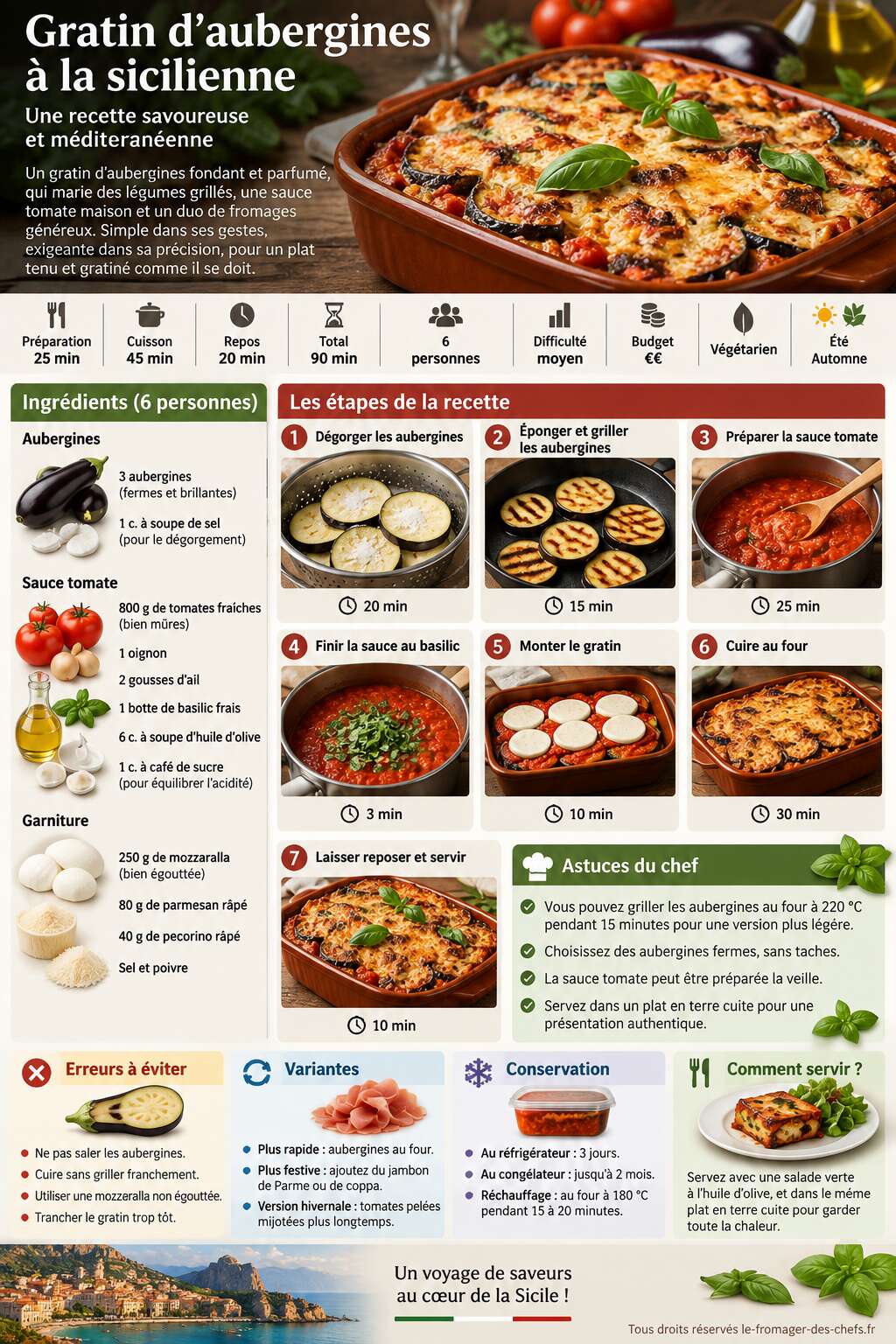 Fiche recette Gratin d'aubergines à la sicilienne : recette savoureuse et méditerranéenne Fiche recette Gratin d'aubergines à la sicilienne : recette savoureuse et méditerranéenne