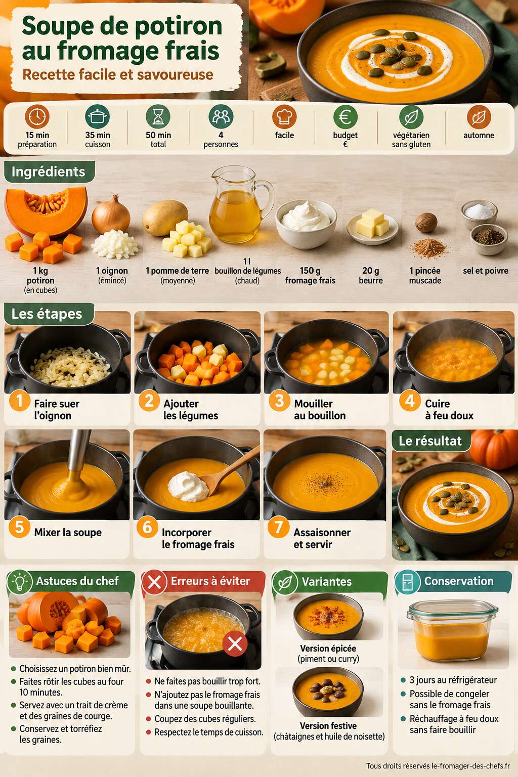 Fiche recette Soupe de potiron au fromage frais : recette facile et savoureuse