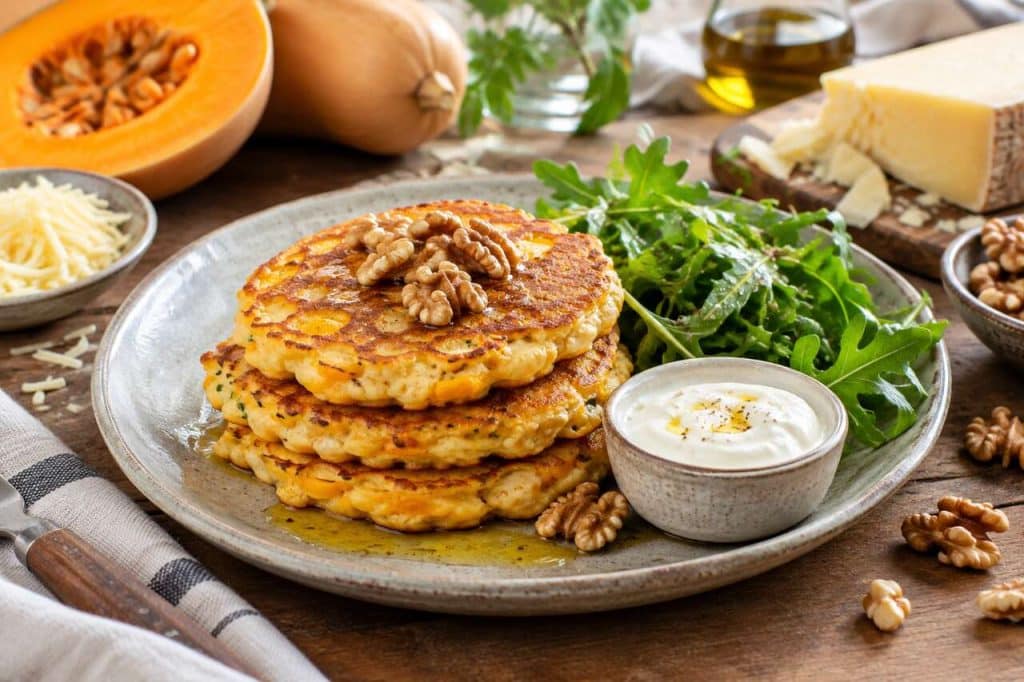 Recette pancakes de courge au fromage et noix