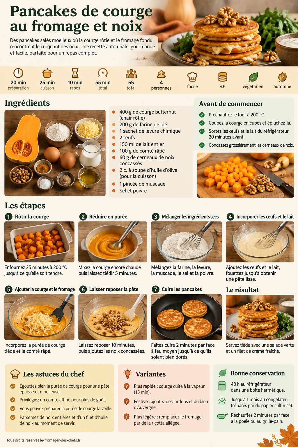 Fiche recette Recette pancakes de courge au fromage et noix Fiche recette Recette pancakes de courge au fromage et noix