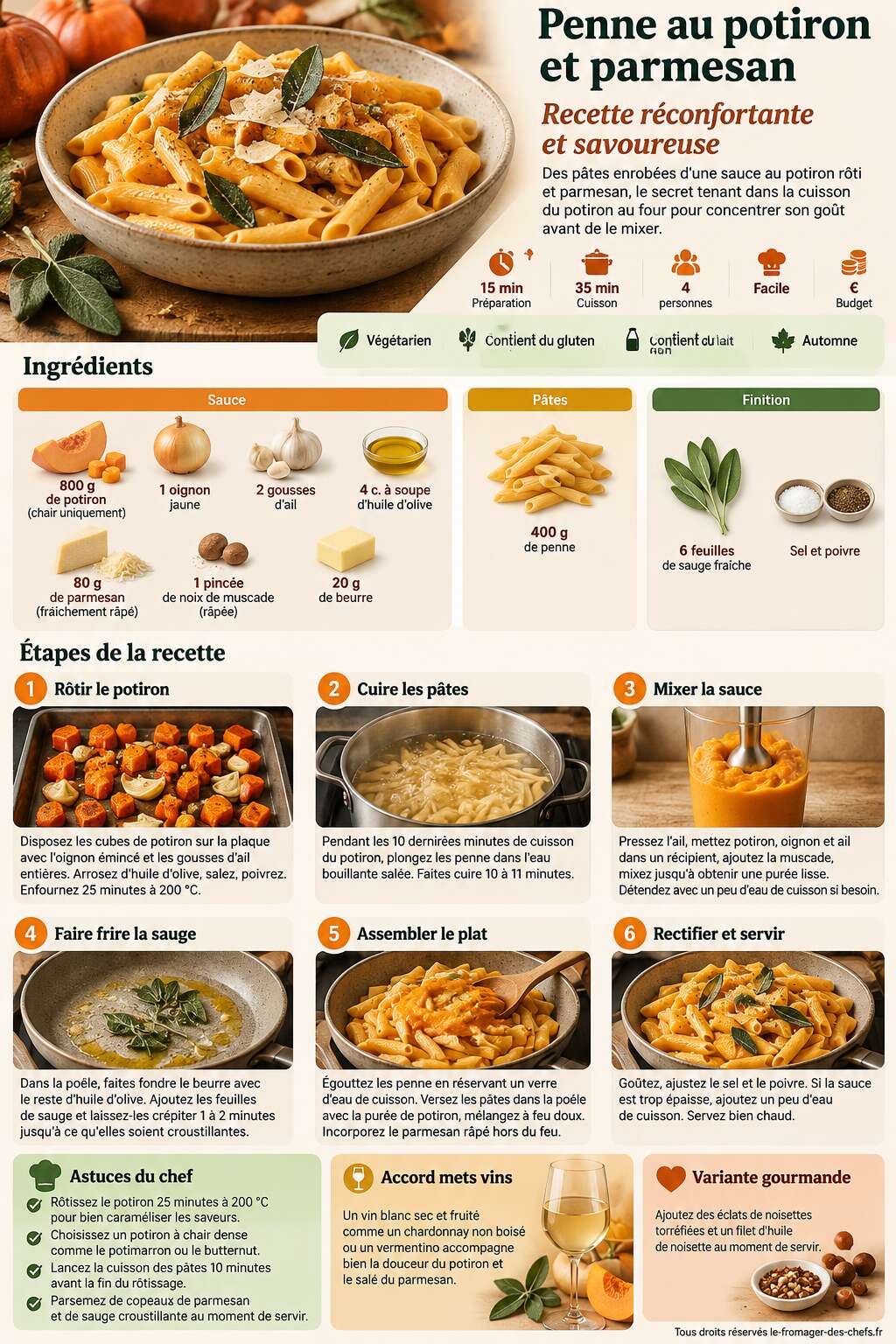 Fiche recette Penne au potiron et parmesan : recette r&eacute;confortante et savoureuse