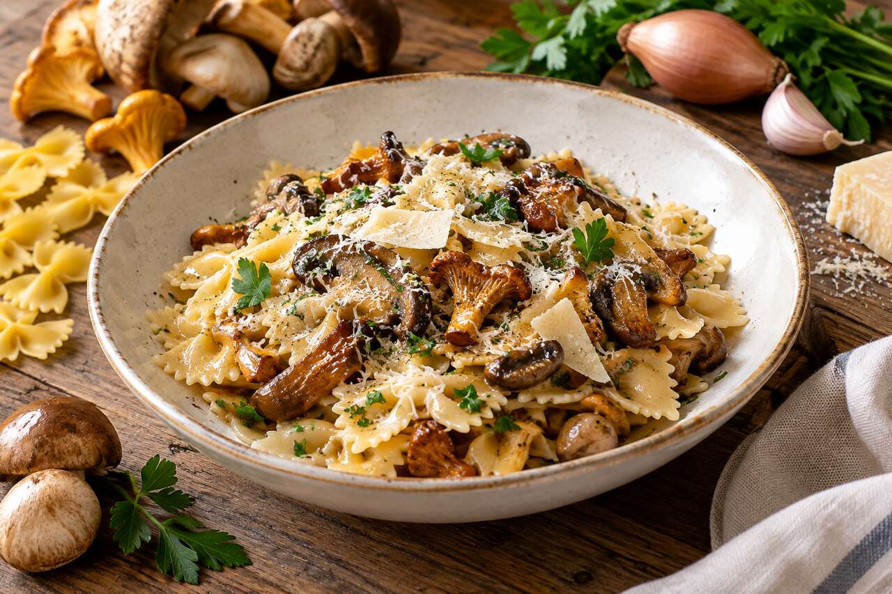 Farfalle aux champignons des bois et fromage italien : recette gourmande