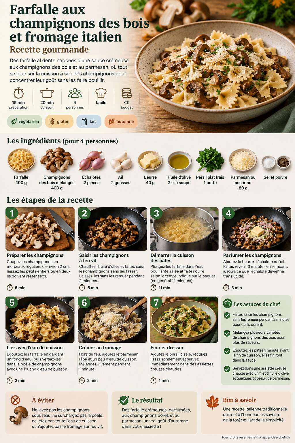 Fiche recette Farfalle aux champignons des bois et fromage italien : recette gourmande Fiche recette Farfalle aux champignons des bois et fromage italien : recette gourmande
