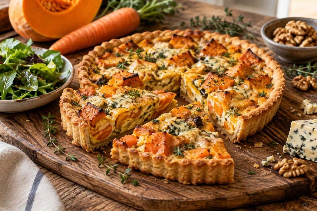 Tarte potiron, carottes et fromage bleu : recette gourmande