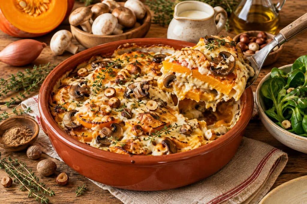 Gratin de potiron au chèvre frais, champignons et noisettes : recette savoureuse
