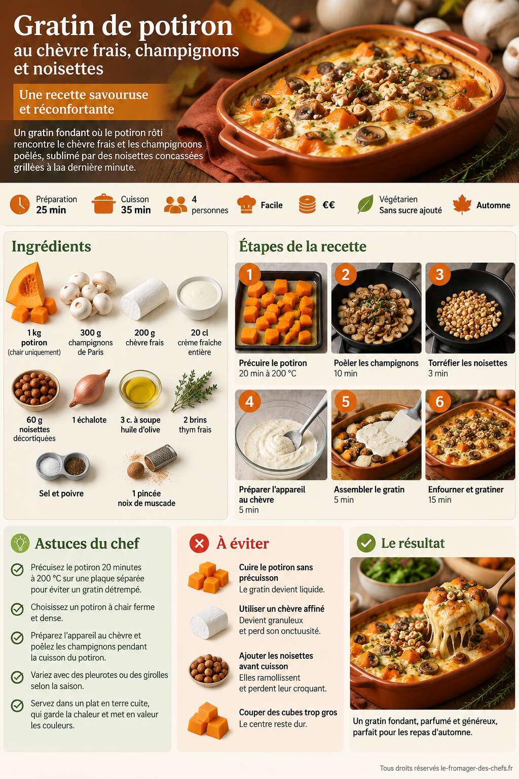Fiche recette Gratin de potiron au ch&egrave;vre frais, champignons et noisettes : recette savoureuse