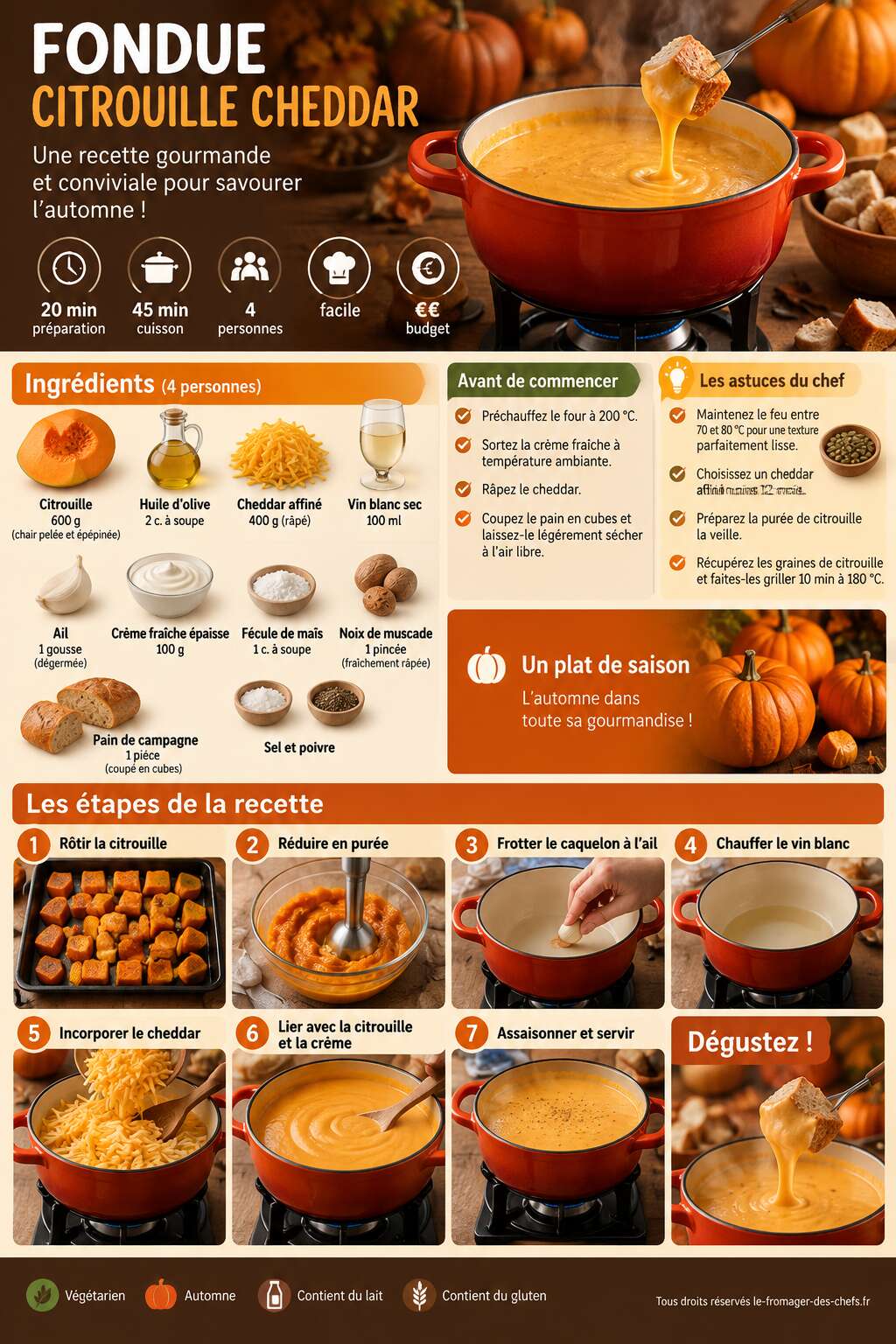 Fiche recette Fondue citrouille cheddar : recette gourmande Fiche recette Fondue citrouille cheddar : recette gourmande