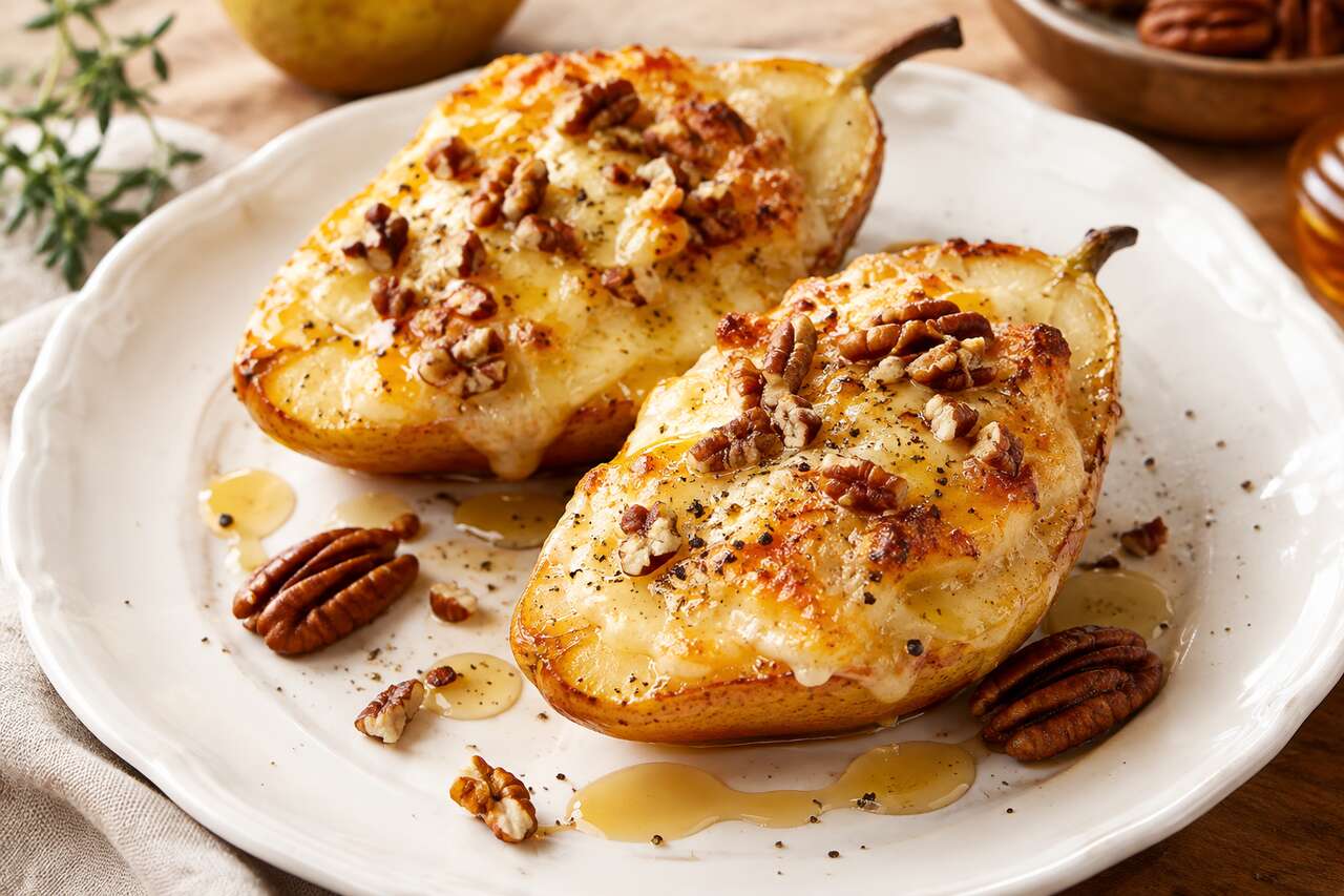Poires gratinées au miel et fromage : recette gourmande