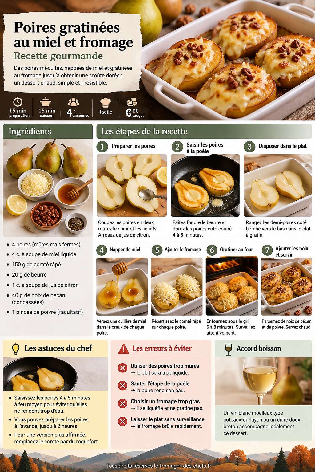 Fiche recette Poires gratinées au miel et fromage : recette gourmande Fiche recette Poires gratinées au miel et fromage : recette gourmande
