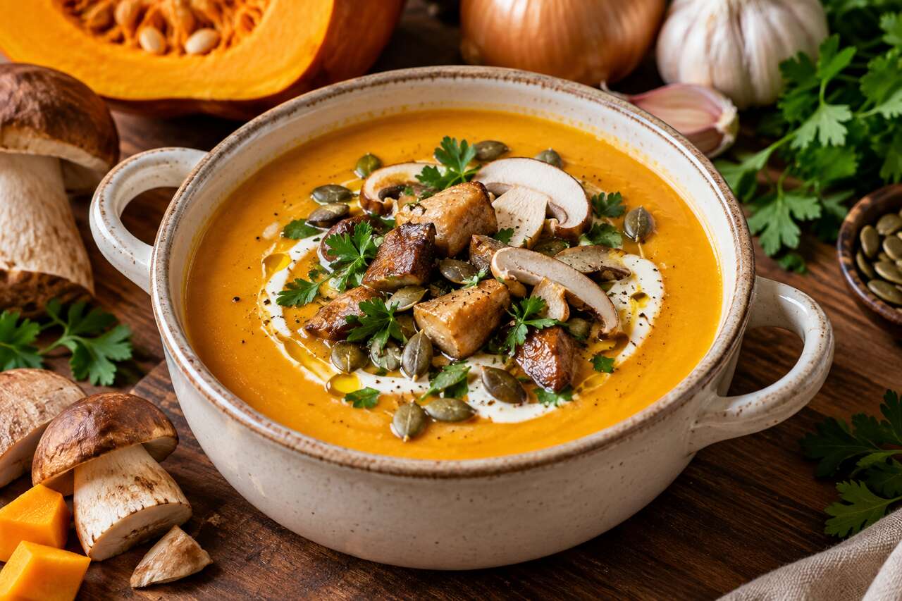Velouté de potimarron au fromage frais et cèpes : recette gourmande